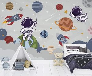 Fototapet Desen animat astronaut în spațiu cu planete și rachetă zboară pe cer, Fototapet copii, Fototapet populare, u94476 - Tapeko.ro