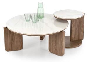 Set 2 masute cafea DIUNA, alb cu efect de marmura/nuc