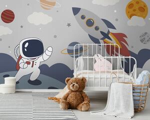 Fototapet Desen animat un astronaut care merge pe o planetă cu o rachetă pe cer, Fototapet copii, Fototapet populare, u95706 - Tapeko.ro