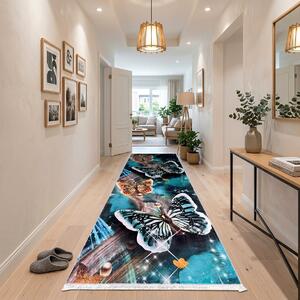 Traversa hol antiderapanta, 80x300 cm, model fluturi turcoaz, 80x300 cm, TRV2212