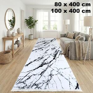Traversa hol antiderapanta, 100x400 cm, model marmura, alb cu negru, TRV1854