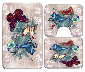 Set covoare baie antiderapante, 3 piese, model fluturi tropicali