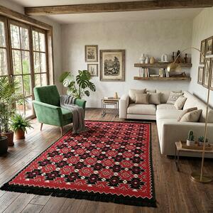 Covor Tesut Traditional, 2 fete, Model Kilim Grena Negru, 60x150 cm