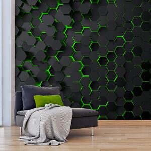 Fototapet Un hexagoane negru cu lumini verzi, Fototapet geometric 3D, Fototapet populare, u93618v1 - Tapeko.ro