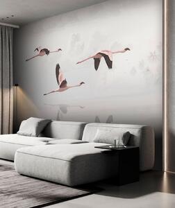 Fototapet Un grup de flamingo care zboară deasupra apei, Fototapet plajă, Fototapet populare, u97457 - Tapeko.ro