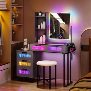 SEG218 - Set Masa toaleta, 80 cm, cosmetica machiaj, oglinda cu LED, masuta vanity cu USB si Incarcator Wi-Fi, uscator par, scaun tapitat - Gri-Negru