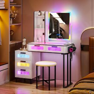 SEA455 - Set Masa toaleta, 80 cm, cosmetica machiaj, oglinda cu LED, masuta vanity cu USB si Incarcator Wi-Fi, uscator par, scaun tapitat - Alb-Negru