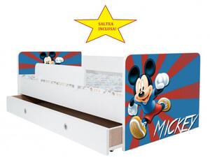 Pat Kiddy, imprimat cu Mickey Mouse, pentru 2-6 ani, cu protectie si saltea, 130x60 cm