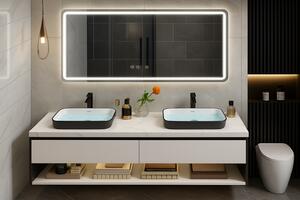 Set Mobilier Baie 150 cm - Lemn Premium cu 2 Lavoare si Oglinda LED, Design Modern 2428