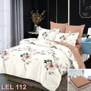 Lenjerie de pat, 2 persoane, finet, 6 piese, cu elastic, crem si maro, cu flori LEL112