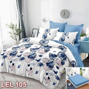 Lenjerie de pat, 2 persoane, finet, 6 piese, cu elastic, alb si albastru, cu flori LEL105