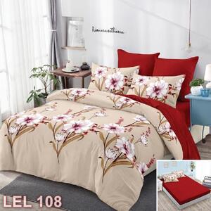 Lenjerie de pat, 2 persoane, finet, 6 piese, cu elastic, crem si rosu, cu flori roz LEL108