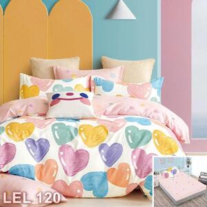 Lenjerie de pat, 2 persoane, finet, 6 piese, cu elastic, crem si roz, cu inimi colorate LEL120