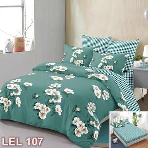 Lenjerie de pat, 2 persoane, finet, 6 piese, cu elastic, verde , cu flori albe LEL107