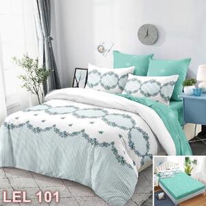 Lenjerie de pat, 2 persoane, finet, 6 piese, cu elastic, alb si verde, cu flori si linii LEL101
