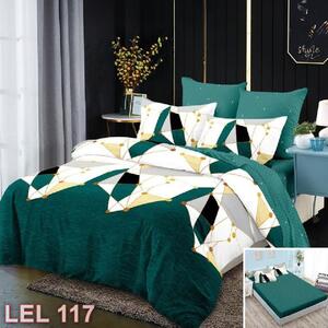 Lenjerie de pat, 2 persoane, finet, 6 piese, cu elastic, verde si alb, cu forme geometrice LEL117