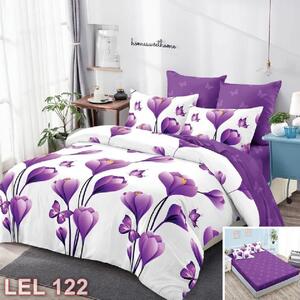 Lenjerie de pat, 2 persoane, finet, 6 piese, cu elastic, alb si mov, cu flori violet LEL122