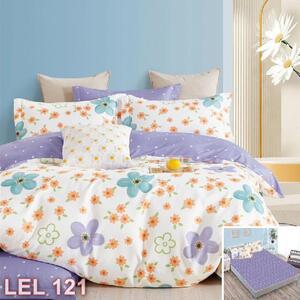 Lenjerie de pat, 2 persoane, finet, 6 piese, cu elastic, alb si mov, cu flori LEL121