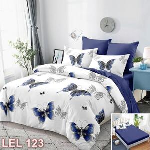 Lenjerie de pat, 2 persoane, finet, 6 piese, cu elastic, alb si albastru, cu fluturi LEL123