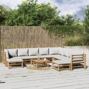 Set mobilier de grădină cu perne gri deschis, 11 piese, bambus