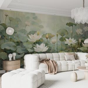Tapet Flori de lotus în lac, junglă, artă tropicală, verdeață, Fototapet Flori, u99454 : Uwalls.ro