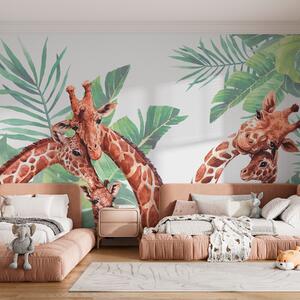 Tapet Desen animat girafă familie și frunze de palmier pe un fundal alb, Fototapet Designer, w00140v3 : Uwalls.ro