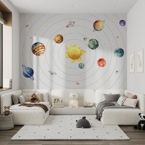 Tapet Sistem solar, planete, soare, rachetă, ufo, satelit, stele, fundal alb, Fototapet Pentru Copii, w00214 : Uwalls.ro