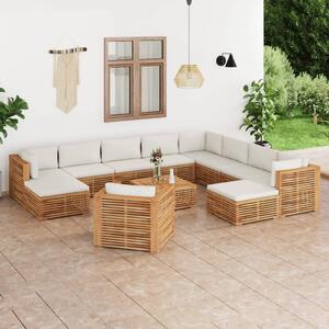 Set mobilier de grădină cu perne crem, 12 piese, lemn masiv tec