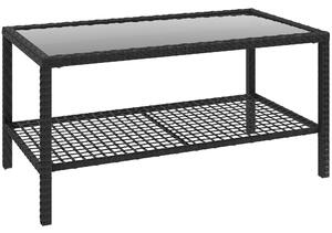 Outsunny Măsuță de Cafea din Ratan pe 2 Niveluri cu Raft, Blat din Sticlă Securizată, Măsuță de Exterior cu Cadru din Oțel, 92x50x45 cm, Negru | Aosom Romania