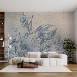 Tapet Grafică flori desen pe perete loft, Fototapet pădure, Fototapet copaci, w00391 : Uwalls.ro