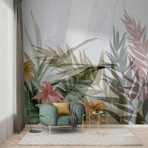 Tapet Delicate frunze tropicale și flori pe un fundal alb, Fototapet Natură, Fototapet Foi de palmier, w00423 : Uwalls.ro