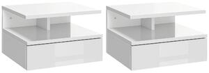 HOMCOM Set de 2 Noptiere Suspendate cu Raft Superior, Design Modern, Lemn, Alb Lucios, 35x32x22.5cm | Aosom Romania