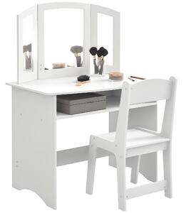 AIYAPLAY Set de Machiaj pentru Fetițe de 3-6 ani cu Oglindă Triplă Detașabilă și Scaun din Lemn, 80x49x108 cm, Alb | Aosom Romania