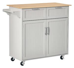 HOMCOM Insulă de Bucătărie cu Blat de Lucru din Lemn de Cauciuc, Roți, 2 Sertare, Dulăpior și Rafturi, 104x46x91 cm, Gri | Aosom Romania