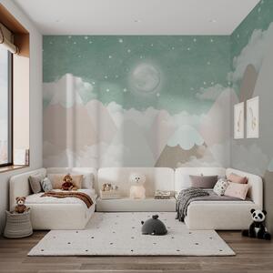 Tapet Luna deasupra munților înzăpeziți ilustrație pentru copii în verde, Fototapet Pentru Copii, w00374v3 : Uwalls.ro