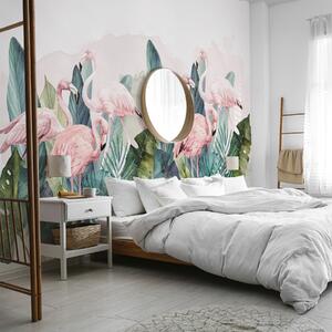 Tapet Flamingo în frunze tropicale, acuarelă, culori roz și verde, Fototapet Animale, Fototapet Flamingo, w00505 : Uwalls.ro