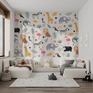 Tapet animale, lei, girafe, elefanți, frunze, camera copilului, Fototapet Pentru Copii, w00555 : Uwalls.ro