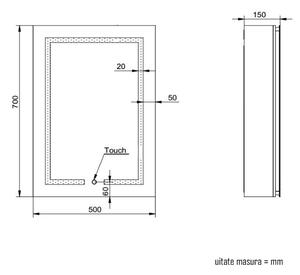 Oglinda baie cu dulap din Aluminiu, sistem iluminare LED, IP44, 50x70x15cm, D4213, Functie Dezaburire, Butoane Touch