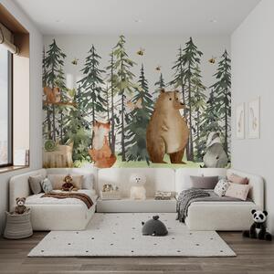 Tapet O scenă de pădure cu animale și diverși pini în fundal, Fototapet Pentru Copii, Fototapet Pădurea copiilor, w00905 : Uwalls.ro