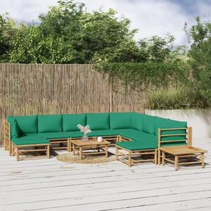 Set mobilier de grădină cu perne verzi, 12 piese, bambus