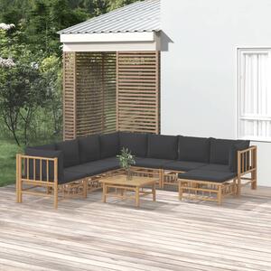 Set mobilier de grădină cu perne gri închis, 9 piese, bambus