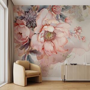 Tapet Peonii roz acuarelă cu petale delicate, înconjurate de verdeață luxuriantă pastel și alte flori, Fototapet Acuarelă, w01245 : Uwalls.ro