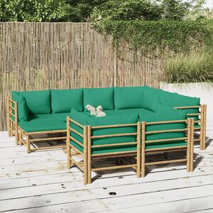 Set mobilier de grădină cu perne verzi, 10 piese, bambus
