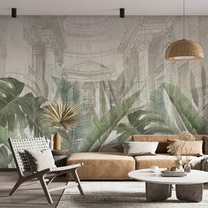 Tapet Un desen grandios cu coloane arhitecturale ornamentate din marmură și plante verzi tropicale luxuriante, Fototapet Natură, w01311 : Uwalls.ro