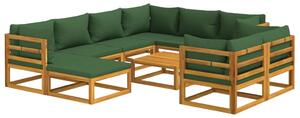 Set mobilier de grădină cu perne verzi, 10 piese, lemn masiv