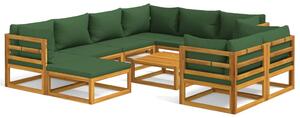 Set mobilier de grădină cu perne verzi, 10 piese, lemn masiv