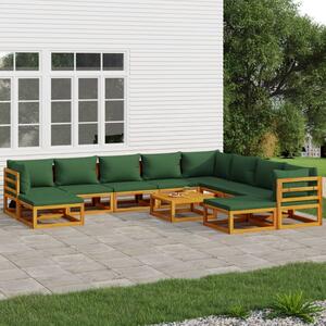 Set mobilier grădină cu perne verzi, 11 piese, lemn masiv pin