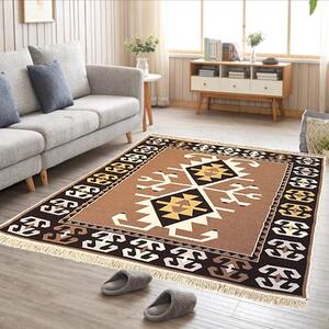 Covor Traditional Tesut cu 2 Fete, 200x300 cm, Model Etnic Maro-Bej