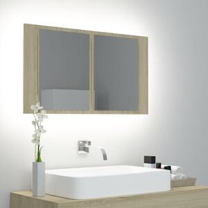 Dulap de baie cu oglindă și LED, stejar Sonoma, 80x12x45 acril