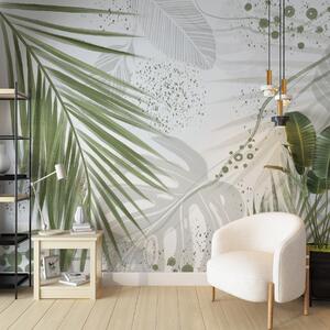 Tapet Frunze și frunze de palmier de un verde tropical, cu forme abstracte și stropi în, Fototapet pădure, Fototapet Tropics, w07918 : Uwalls.ro